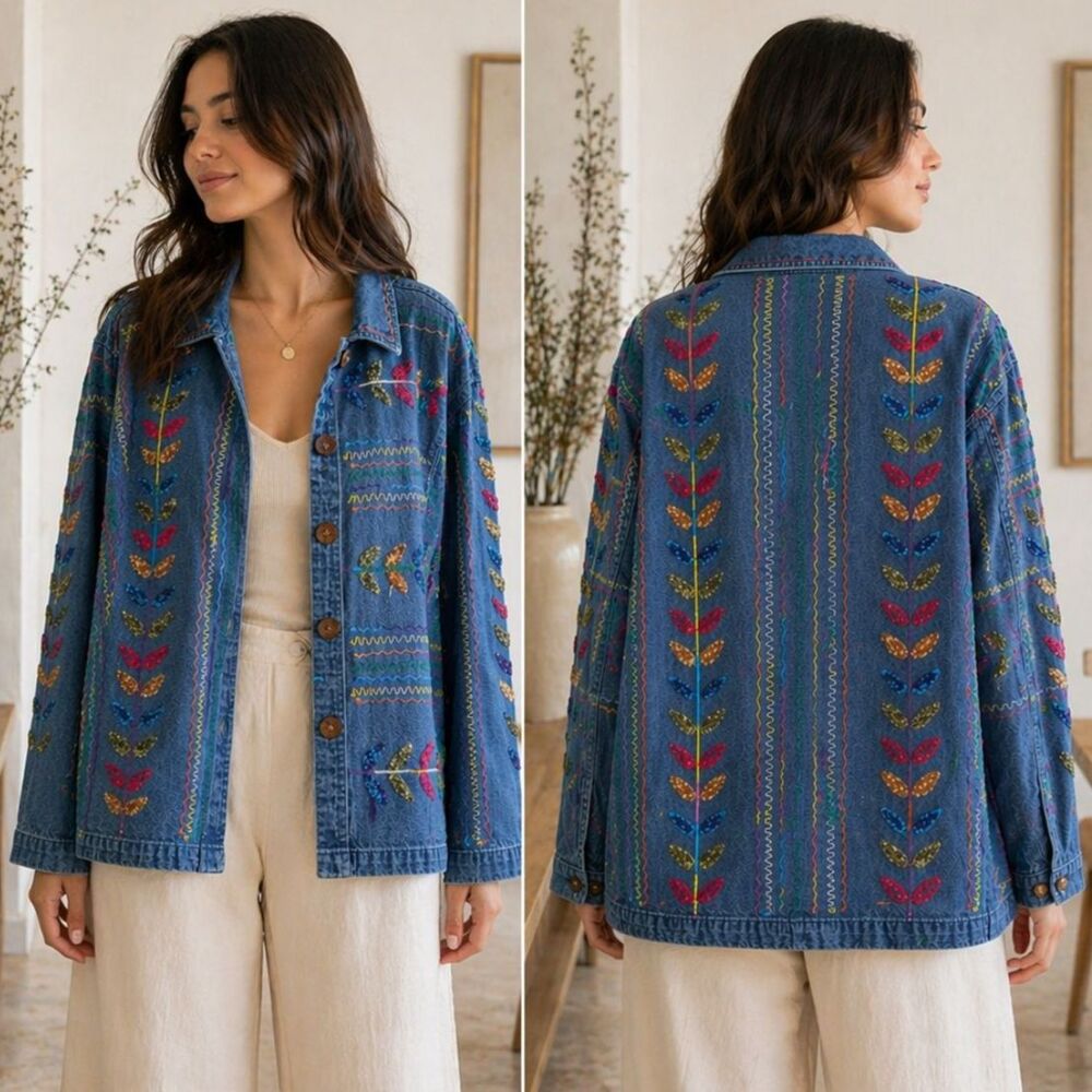 Vintage Embroidered Denim Jacket 2X Boho Folk Artisan Wooden Button Coat